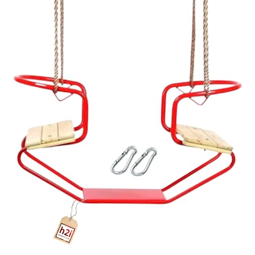 h2i Doppelschaukel aus Metall | Gondelschaukel mit Zwei Holzsitzen & verstellbaren Seilen | Schiffschaukel inkl. Karabiner | Kinder-Schaukel für Outdoor | rot