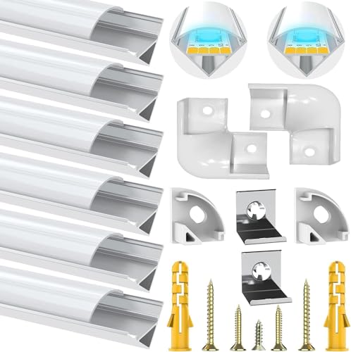 Chesbung LED Aluminium Profil für Led Streifen/Stripes/Strip, 6X1m V Form Aluprofil Eckprofil Alu Profile, Leiste Kanal Diffusor with Milchig Weißer Abdeckung, Montageclips und 45 Grad Eckverbindern