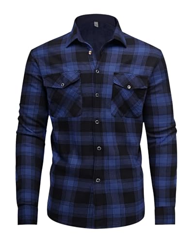 QIXING Flanellhemd Herren Holzfällerhemd Gefüttert Karohemd Herren Fleece Warm Langarm Freizeitjacke(Schwarz Blau, XL)