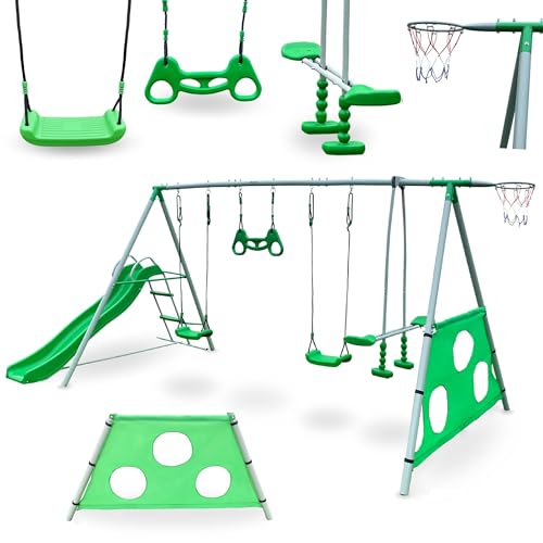 HyperMotion Swing HYP9 Kinderschaukel Outdoor Spielplatz-Set mit Rutsche, Schaukel, Basketballkorb & Fußballwand - Garten-Spielturm für 6 Kinder ab 3 Jahren, Grün