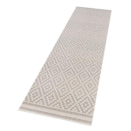 NORTHRUGS In- und Outdoor Teppich Raute 80x200cm - Wetterfest Modern Geometrisches Raute Muster Allover Design Läufer für Balkon Terrasse Garten Wintergarten Wohnzimmerteppich Wasserfest in Grau Creme