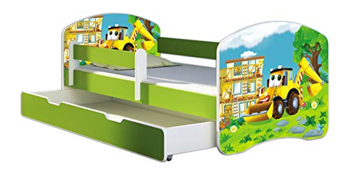 ACMA Kinderbett Jugendbett mit Einer Schublade und Matratze Grün mit Rausfallschutz Lattenrost II 140x70 160x80 180x80 (20 Bagger, 160x80 + Bettkasten)