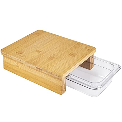 ONVAYA® Schneidebrett aus Bambus mit einer Auffangschale | Küchenbrett aus Holz | mit spülmaschinenfestem Behälter aus Kunststoff | Holzbrett für die Küche