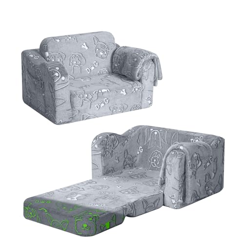 MeMoreCool Kindersofa Ausklappbar, 2-in-1 Kleinkinder Schlafsofa, Kindersessel mit Schlaffunktion, Mini Couch für Kuschelecke Kinderzimmer, Fancy Spielsofa für Mädchen und Jungen, Grau Hund