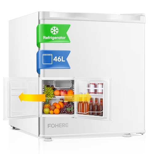FOHERE Mini Kühlschrank 46L mit Eisfach | Getränkekühlschrank | Temperaturregelung, Energiesparend, Leise | Kühlschrank Klein Ideal für Küche, Büro, Schlafzimmer | Wechselbarer Türanschlag | Weiß