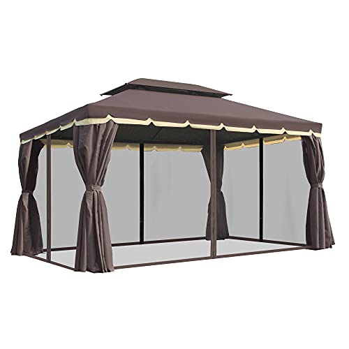 Outsunny Gartenpavillon Pavillon Gartenzelt Festzelt Partyzelt mit 4 x Seitenwand wetterfest Aluminium Polyester Kaffee+Schwarz 3,9 x 2,9 x 2,8 m