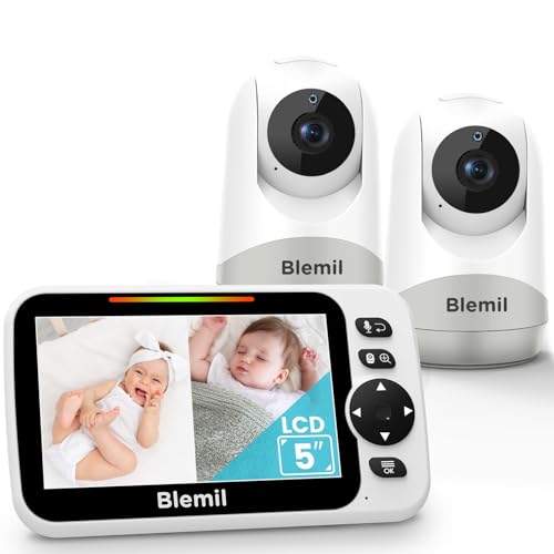 Babyphone mit 2 Kameras und Audio 30 Stunden wiederaufladbare Batterie, 5' großer geteilter Bildschirm, ferngesteuerte Schwenk-/Neige-/Zoom-Kamera, Zwei-Wege-Gespräch, Nachtsicht, kein WiFi