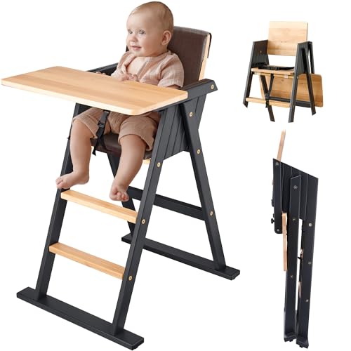 VILHA Klapp-Treppenhochstuhl, Baby Hochstuhl aus massivem Holz mit Sitzkissen, Holz Essbrett und Schutzbügel, 3-Punkt-Gurt und Schrittgurt, Highchair ab 6 Monaten, Platzsparend Kinderstuhl