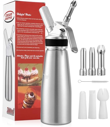 500ml Sahnespender, Sahnespender aus Aluminium, Sahnesyphon mit 3 Edelstahl Deko Düsen, 3 Kunststoffe Deko Düsen, 1 Kapselhalter, 1 Reinigungbürste und 1 Synopsis, für Schlagsahne, Creme, Mousse