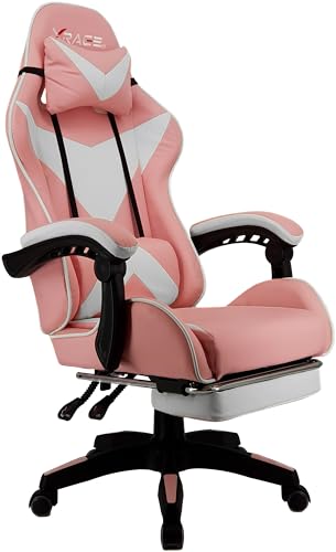 xRace Gaming Stuhl, Bürostuhl, Ergonomischer Pc Stuhl, Gaming Sessel aus Leder mit Lendenwirbelstütze, Verstellbarer Drehbarer, Task Stühle mit Fußstütze und Kopfstütze, Rosa