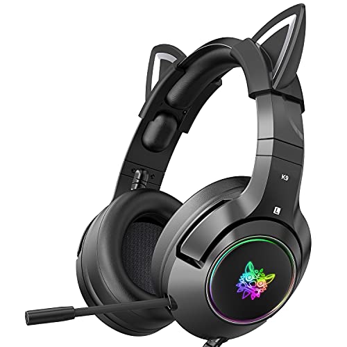 PHNIXGAM Gaming-Kopfhörer FÜR PS4, PS5, Xbox One X/S (Ohne Adapter), 3.5mm Kopfhörer Mit Abnehmbaren Katzenohren, Mikrofon, RGB, Surround-Sound FÜR PC, Mobiltelefon (Schwarz)