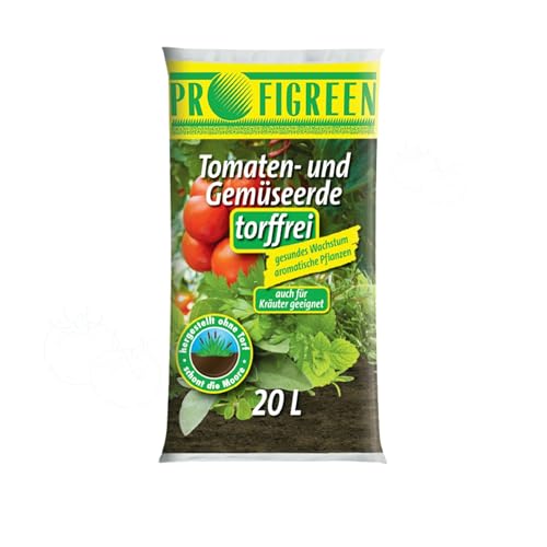 Profigreen Tomatenerde torffrei mit nachhaltigem Langzeitdünger - Gartenerde mit Natur Dünger für Tomaten & andere Gemüsesorten - Pflanzerde mit Bodenhilfsstoff für Tomatenpflanzen (20 Liter)