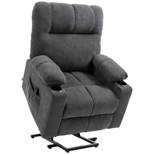 HOMCOM Sessel mit Aufstehhilfe, Elektrischer Relaxsessel mit Massagefunktion, Fernsehsessel mit Heizfunktion, Kinosessel mit Flanelloptik, Dunkelgrau 91 x 95 x 109 cm