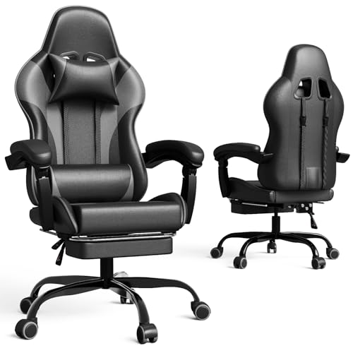 Devoko Massage Gaming Stuhl, Bürostuhl mit Fußstütze und Massage-Lendenkissen, Gamer Stuhl mit Kopfstütze, Ergonomisch Gaming PC Stuhl 150 kg Belastbarkeit (Gray)