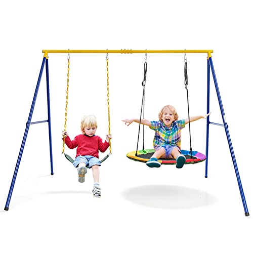 KOMFOTTEU Doppelschaukel mit Schaukelgestell, Kinderschaukel Nestschaukel Outdoor mit Gestell aus Metall, Kinder Schaukel bis 300 kg belastbar, Gartenschaukel für Garten Hof Park, Blau + Gelb