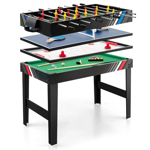 COSTWAY Multi Spieltisch, 4-in-1 Tischkicker mit Billard, Airhockey, Tischtennis, multifunktionstisch Tischfußball Zubehör, für Heimspielzimmer, Partybars