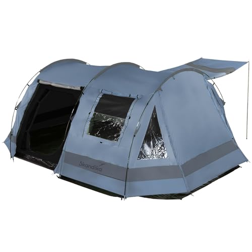 Skandika Kambo Tunnelzelt für 4 Personen | Zelt mit Schlafkabine für 4 Mann, Wasserdicht mit 3000 Wassersäule, 3 Eingänge, Sonnendach, Vorzelt | Campingzelt in blau
