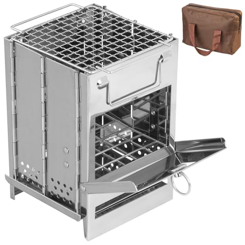 PEARL Campingofen: Camping-Holzofen aus Edelstahl, faltbar, inklusive Transporttasche (Campingofen Holz, Camping Grill, Grillspiesse)