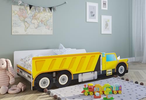 Kids Collective Autobett Kinderbett Jugendbett 70x140 | 80x160 mit Rausfallschutz Matratze optional | Baustelle Bagger Kran Kipplader Kinder Spielbett