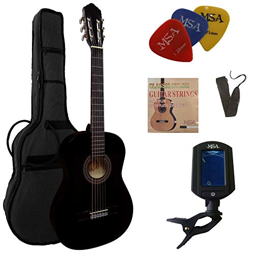 4/4 GITARRE - KONZERTGITARRE IM SET - CLASSIC - SCHWARZ BLACK- DECKE LINDE - STIMMGERÄT - TASCHE - BAND - NYLONSAITEN - 3xPIKS