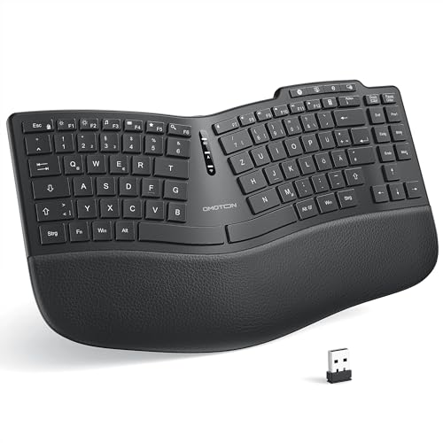 OMOTON Ergonomische Tastatur Kabellos, gepolsterte Handballenauflage, wiederaufladbare kabellose Tastatur, 2.4GHz Wireless Keyboard für Windows, Komfortables Tippen, DE-QWERTZ