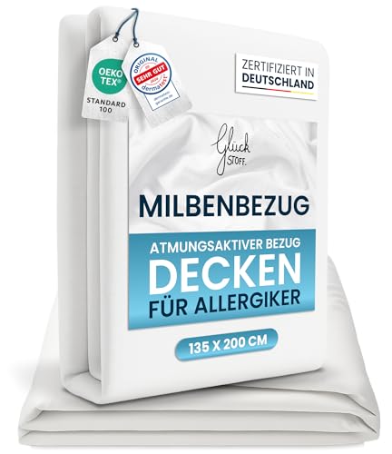 Glückstoff® Milbenbezug Bettdecke 135x200 [Zertifiziert IN Deutschland] - Allergie Bettwäsche Anti Milben - Allergiker-Bettwäsche - Anti Milben Bettbezug Encasing Deckenbezug - Milbenschutzbezug