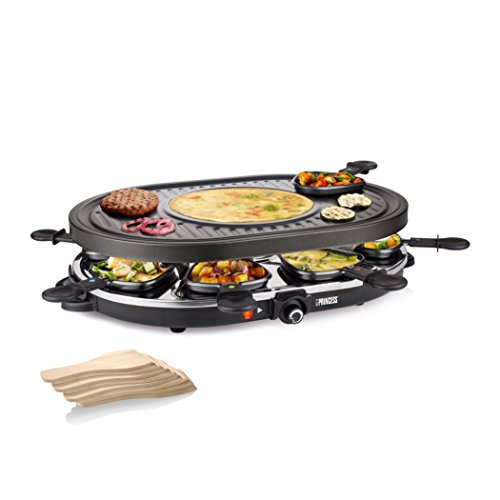 Princess Raclette Grill - Oval, 8 Pfannen, Multifunktionale Platte mit Crépes Bereich, 1200 Watt, 42 x 30 cm, 162700, Schwarz, Edelstahl