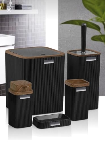 Badezimmer Zubehör aus Holz Badezimmer Set Luxus Modern Bad Set Zahnbürstenhalter Becher Toilettenbürste Set Seifenschale Mülleimer Seifenspender (Schwarz)