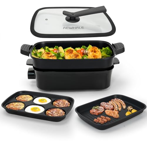 AEWHALE 3-in-1 Multifunktionspfanne Elektrischer Grill,Elektropfanne mit Deckel 1500W Antihaftbeschichtung, Abnehmbare Oberfläche&Cool-Touch-Griffe Pancake Elektrisch Partypfanne