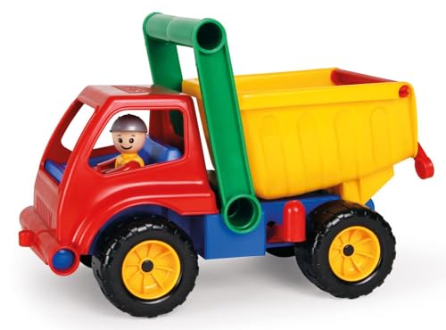 Lena 04150 - Aktive LKW Kipper, Baustellenfahrzeug ca. 27 cm, robuster Kipplaster mit Haltegriff und beweglicher Spielfigur, Muldenkipper Set, Spielfahrzeug für Kinder ab 2 Jahre