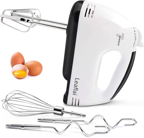Leaflai 7 Handrührer Elektrisch-Handrührgerät, 180W StuFen Handmixer, Enthalten 2 Rührbesen, 2 Edelstahl-Knethaken, 1 Schneebesen, spülmaschinenfest | Weiß
