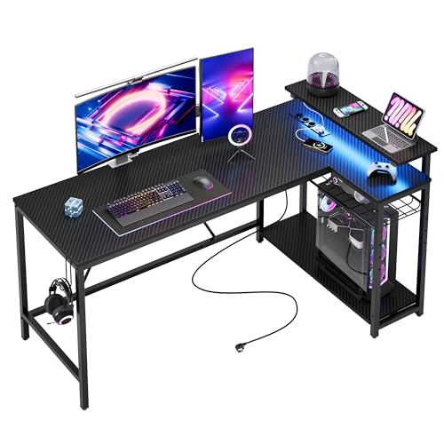 Bestier Gaming Schreibtisch mit LED-Leuchten, Eckschreibtisch mit 2 USB-Ladeanschluss und 3 AC-Steckdosen, Gaming Tisch L Form mit Regal & Monitorständer, Großer Tisch für Büro, Schlafraum， 147cm