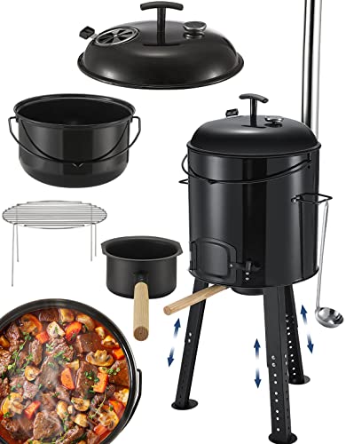 DEERFAMY Eintopfofen mit Grillfunktion, Gulaschkanone Eintopfofen Ofen Kugelgrill Barbecue Grill Outdoor-Küche Suppenkessel Hähnchenbräter Gulaschkessel aus Stahlblech emailliert Dreibein inkl
