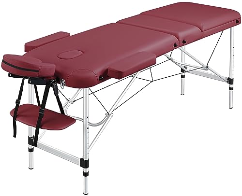 Yaheetech 3 Zonen Massageliege Klappbar & Höhenverstellbar Aluminium Massagetisch inkl. Abnehmbarer Kopfstütze & Armlehnen 60 cm Breit Burgunderrot