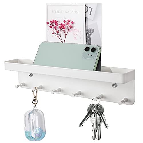 Liakai Edelstahl Schlüsselbrett mit Ablage, 6 Haken Selbstklebend Wand Schlüsselhalter, Kleines Schlüsselhaken für Flur, Eingangsbereich, Küche, Badezimmer (Weiß)