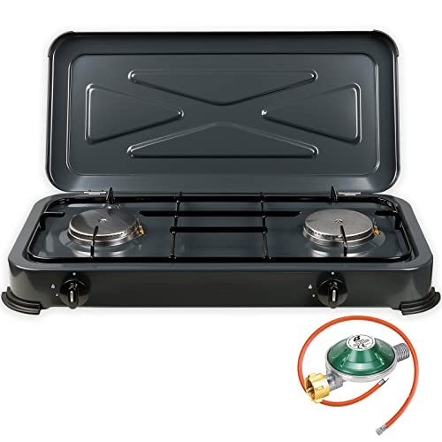 Gaskocher Campingkocher 2 flammig mit Zündsicherung mit Gasregler 50mbar und Gasschlauch 100cm