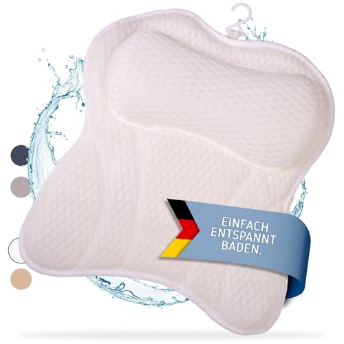 Toniamo Badewannenkissen | Premium Badekissen für Badewanne mit Kopfstütze & Nackenstütze | Kissen ideal als Badewannen Nackenkissen & Kopfkissen | Ergonomisches Wannenkissen mit Saugnäpfen, Weiß