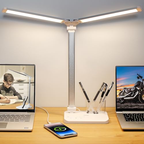 iVict Dual Swing Arm LED Schreibtischlampe, 5-Modi Touch Control Helligkeitsstufen Schreibtischlicht mit 45-Minuten Auto-Off Timer, USB-Ladeanschluss, Speicherfunktion, Schreibtischlampen für Kinder
