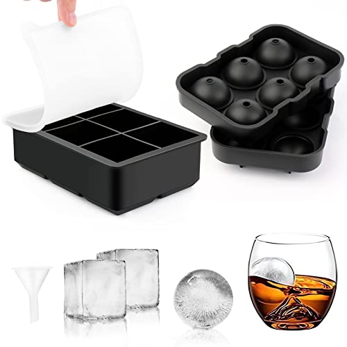 2-Set Eiswürfelform Silikon mit Deckel Eiswürfel Form Eiswürfelbehälter Kugel Große Eiswürfelform Eiswürfelformen mit Trichter für Whisky Cocktails Schokolade,Bpa Frei, Schwarz