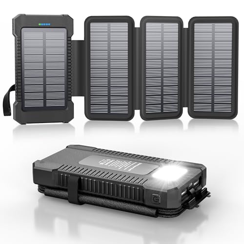 Solar Powerbank 26800 mAh mit 4 Solarpanel, Powerbank USB-C 18W Schnellladung für iPhone Samsung und mehr, IPX7 wasserdichte Outdoor Externe Akkus mit Taschenlampen-Dauerlicht/SOS/Stroboskop