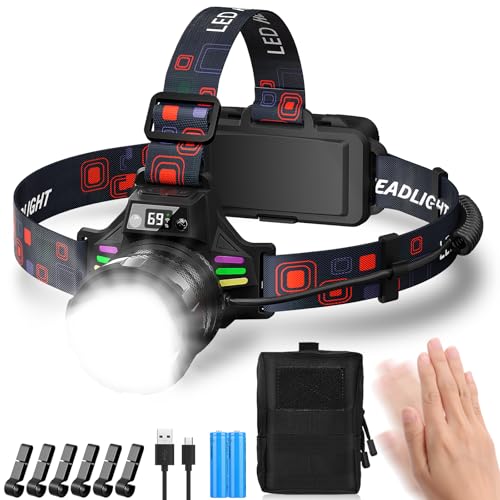 Stirnlampe Led Wiederaufladbar,Superhell 100000 Lumen Zoombar Kopflampe Stirnlampe mit Sensor,3 Lichtquellen und Leistungsanzeige,5000 mAh AKKU IPX7 Wasserdicht Stirnlampen für Outdoor Camping Angeln