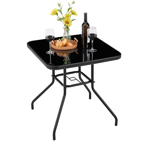 Yaheetech Gartentisch Beistelltisch aus Glas & Metall Bistrotisch mit Schirmloch Kaffeetisch Pflegeleichter Terrassentisch wetterfest 70 cm×70 cm Schwarz