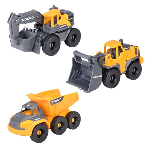 Dickie Toys - Volvo Baustellenfahrzeuge ab 3 Jahre (3 Stück) - Construction Set mit 3 Spielzeugautos (Bagger, Radlader, Kipplaster) für Kinder, je 16 cm, Autos mit Freilauf und beweglichen Teilen