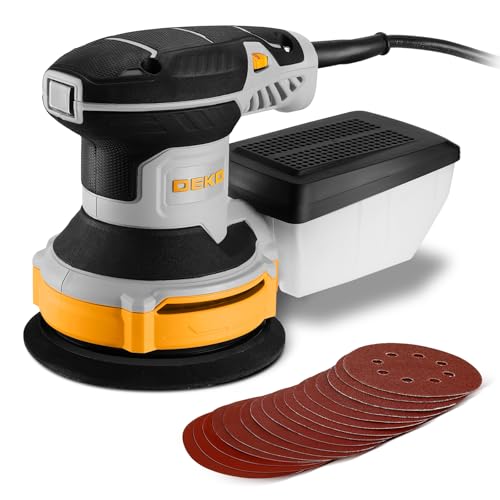 Exzenterschleifer 300W, DEKOPRO 125mm Exenterschleifmaschine, 16 Schleifpapieren, 6 variable Geschwindigkeiten, 14000 U/min, Hochleistungsentstaubungsanlage, für Holzbearbeitung und Schleifen, Gelb