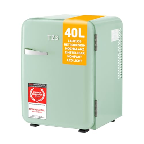 TZS First Austria Minikühlschrank 40L | komplett lautlos | Retro-Design | Temperaturregler | LED-Beleuchtung | 2 Türfächer + 6 flexible Einlegeböden