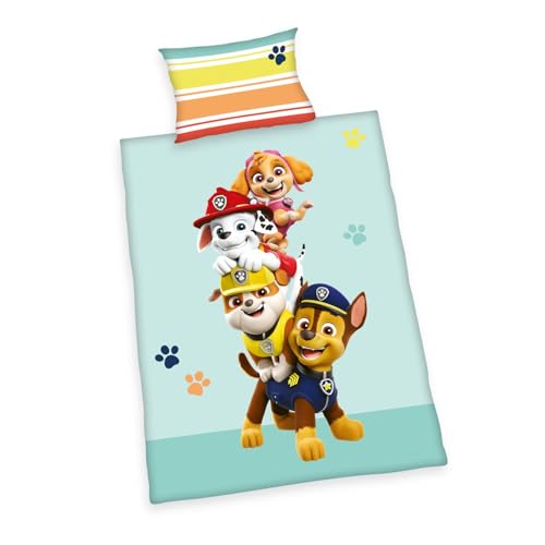 Herding Paw Patrol Bettwäsche-Set, Made in Green, Kopfkissenbezug 40 x 60 cm mit Hoteleinschlag, Bettbezug 100 x 135cm, Mit Knopfverschluss, 100% Baumwolle/Flanell