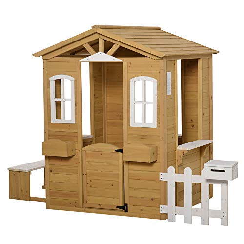Outsunny Kinderspielhaus aus Holz Spielhaus Outdoor mit Tür, Fenster und Pflanzkasten Briefkasten Bank Gartenhaus Kinderhaus für Kinder 3-6 Jahre