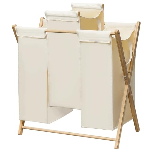 Wäschekorb 3 Fächer,SKELO Wäschebox für Schmutzwäsche,Wäschekorb Groß Wäschesortierer mit 3 Fächern, Wäschesammler Wäschebehälter Wäschekorb Holz Laundry Basket Waschekorbe (150L)