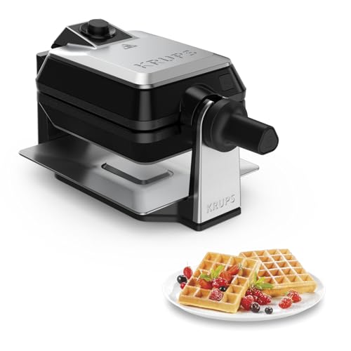 Krups FDD95D Professionelles, Doppelwaffeleisen, 2 belgische Waffeln gleichzeitig, Dreh-Funktion für perfekte Waffel, 7 Bräunungsstufen, spülmaschinengeeignete Platten, 1200W, Schwarz