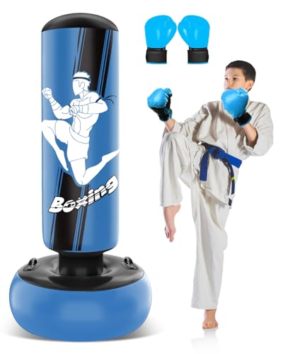 JUOIFIP Boxsack Stehend 165cm Aufblasbarer Boxsack Kinder mit Boxhandschuhen zum Üben von MMA Karate Taekwondo und zum Abbau von aufgestauter Energie